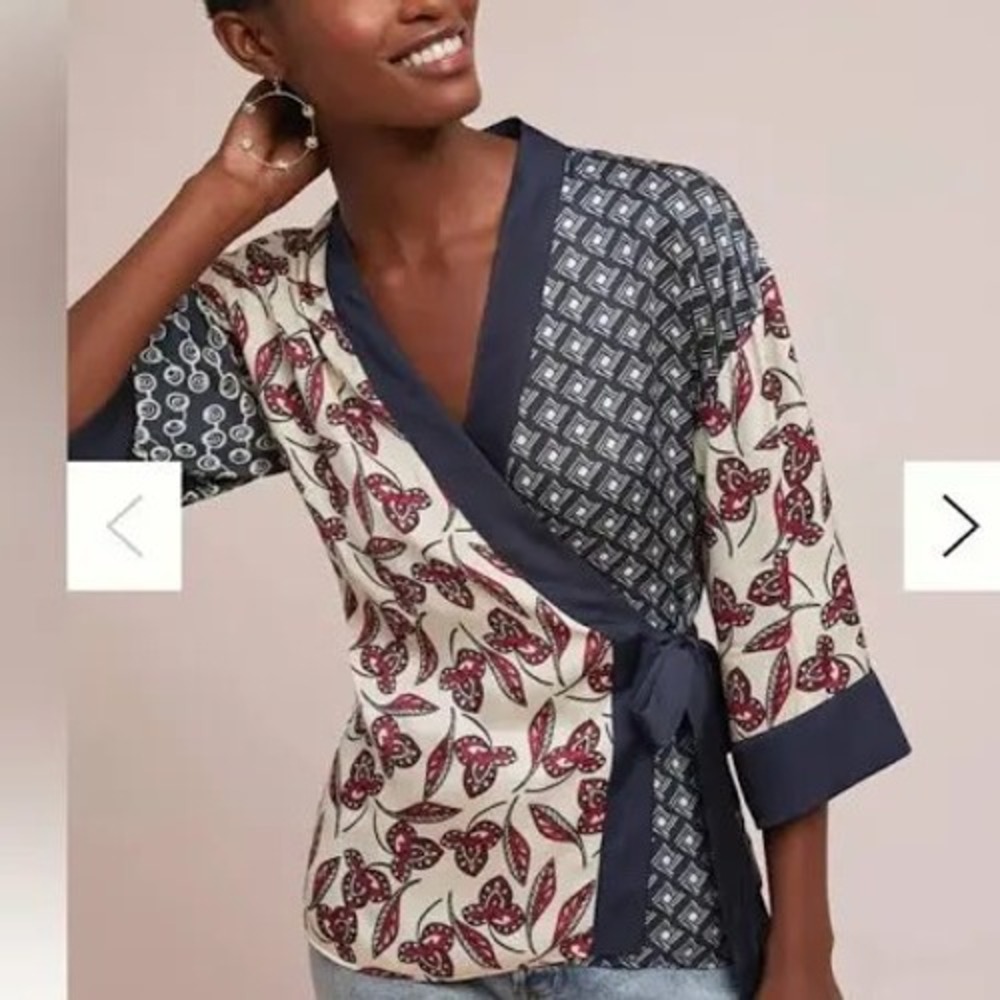 Meadow Rue Anthropologie Mixed Print Kimono Wrap Top Navy Red Boho Viscose M